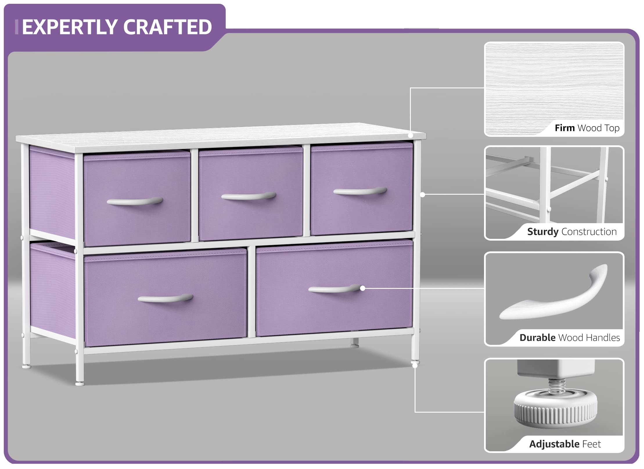 Kids Dresser with 5 Drawers - Storage Chest Organizer Unit with Steel Frame