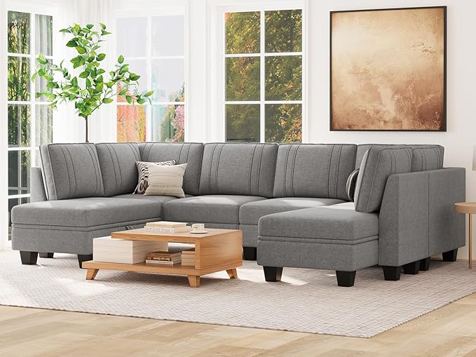 Sectional Couch with Storage Ottoman, U Shaped Sectional Sofa Couch, Convertible U-Shape Sectional Couch for Living Room, Beige