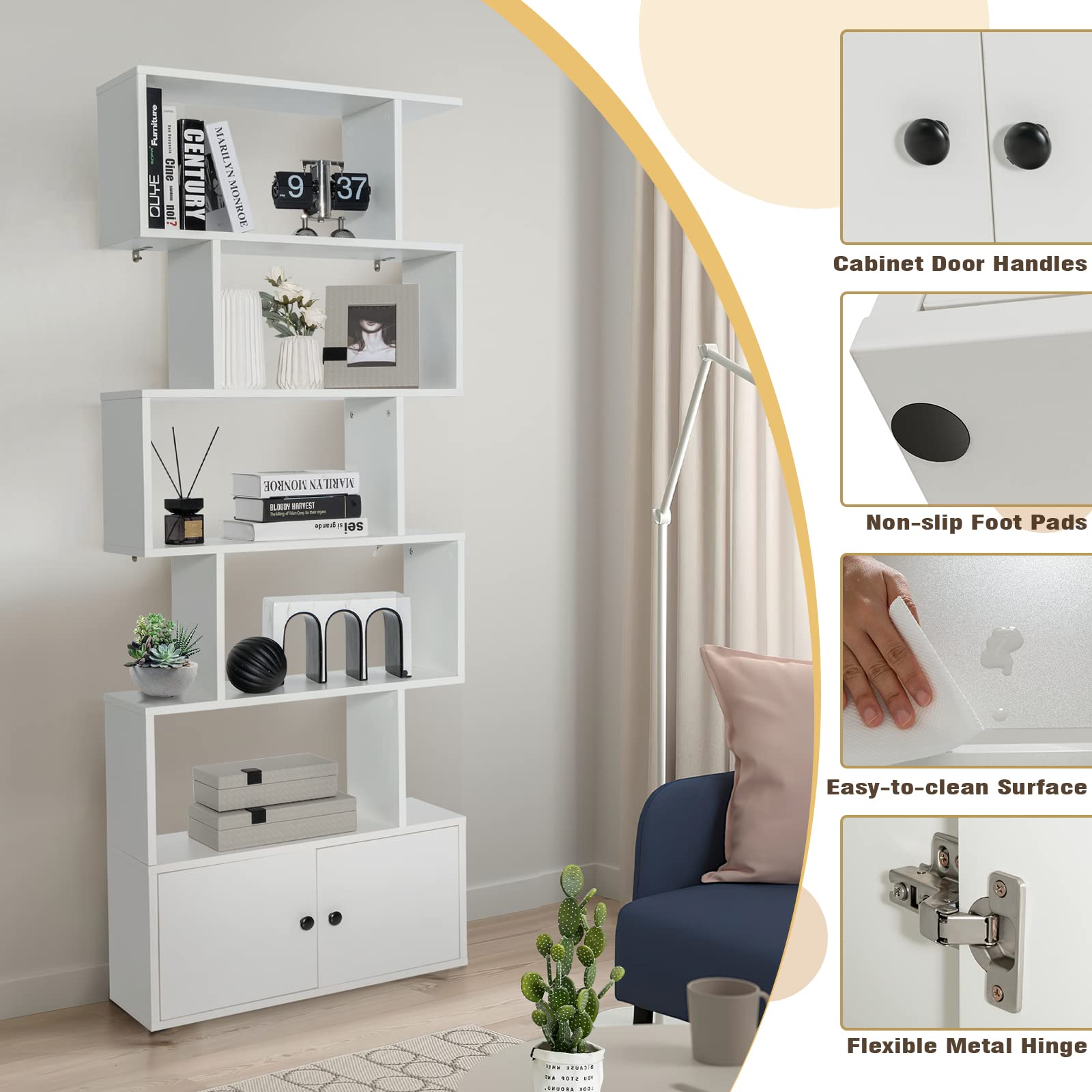 6-Tier Geometric Bookcase with Cabinet, Freestanding Display Shelves