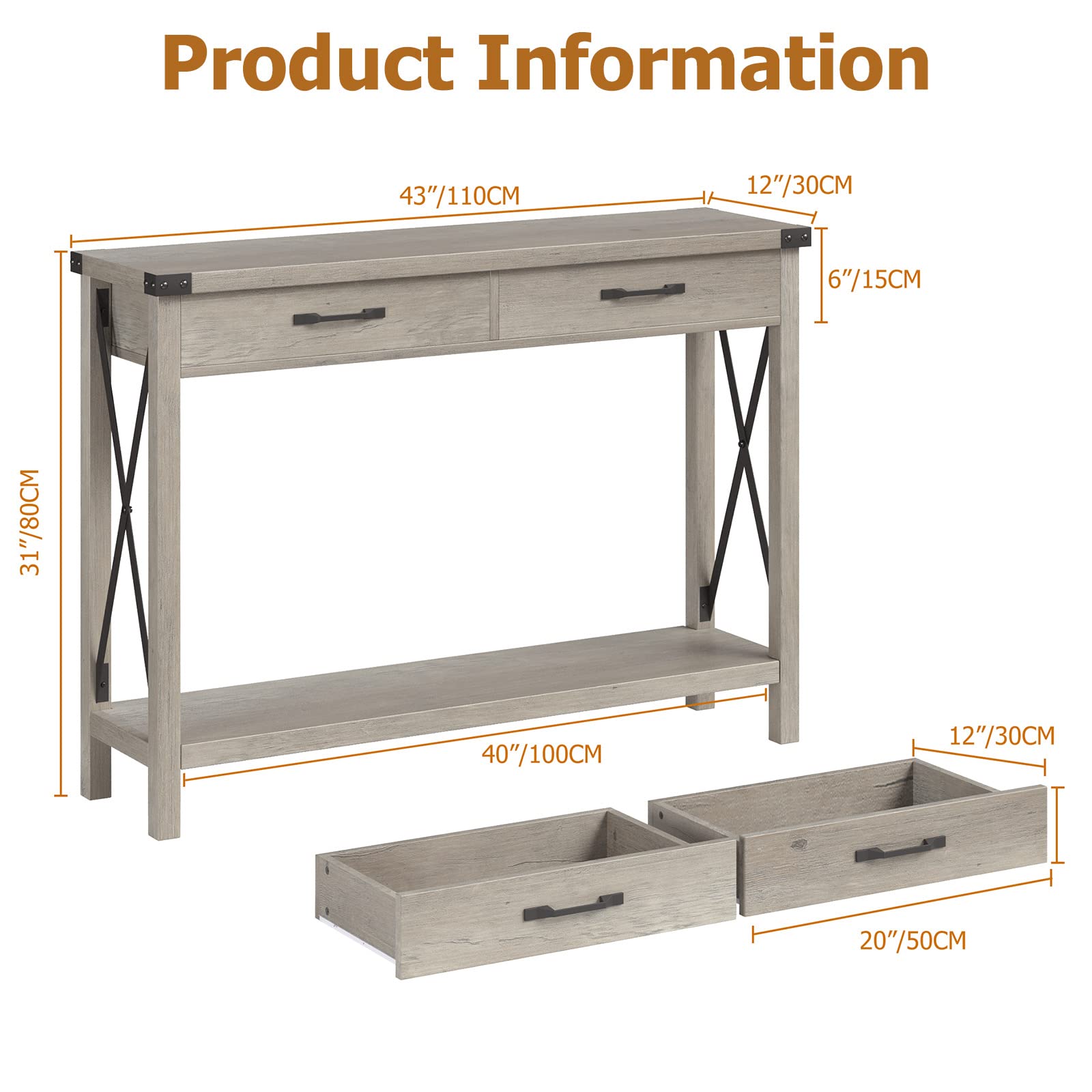 Console Table with 2 Drawers, Farmhouse Entryway Table with Storage Shelf, Accent
