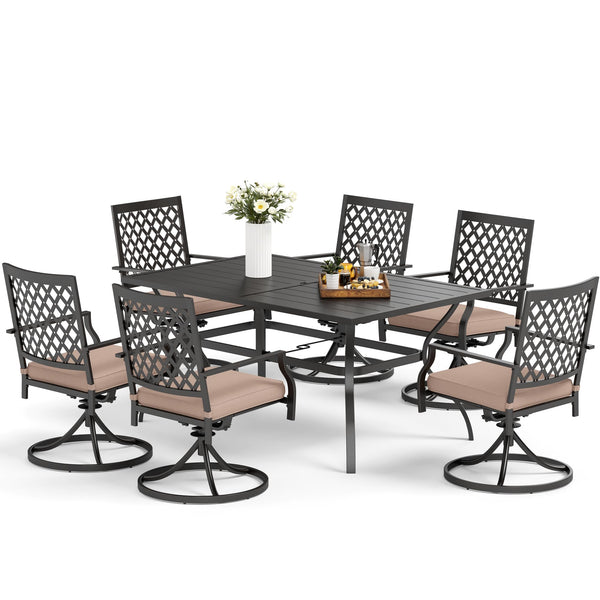 7PCS Patio Dining Set, Large Rectangular Metal Top Table and 6 Swivel Chairs