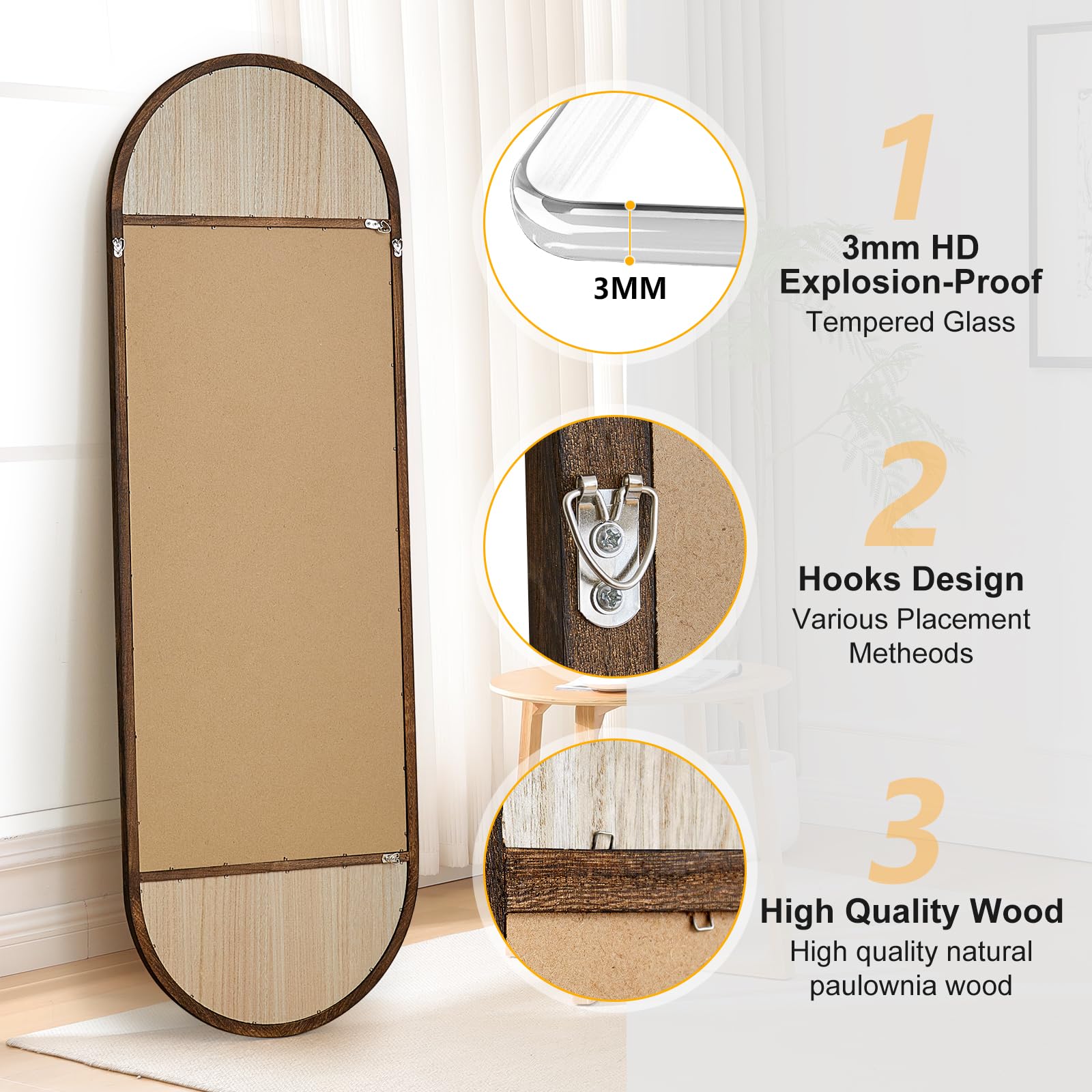 Arched Full Length Mirror with Solid Wood Frame 64"x21"