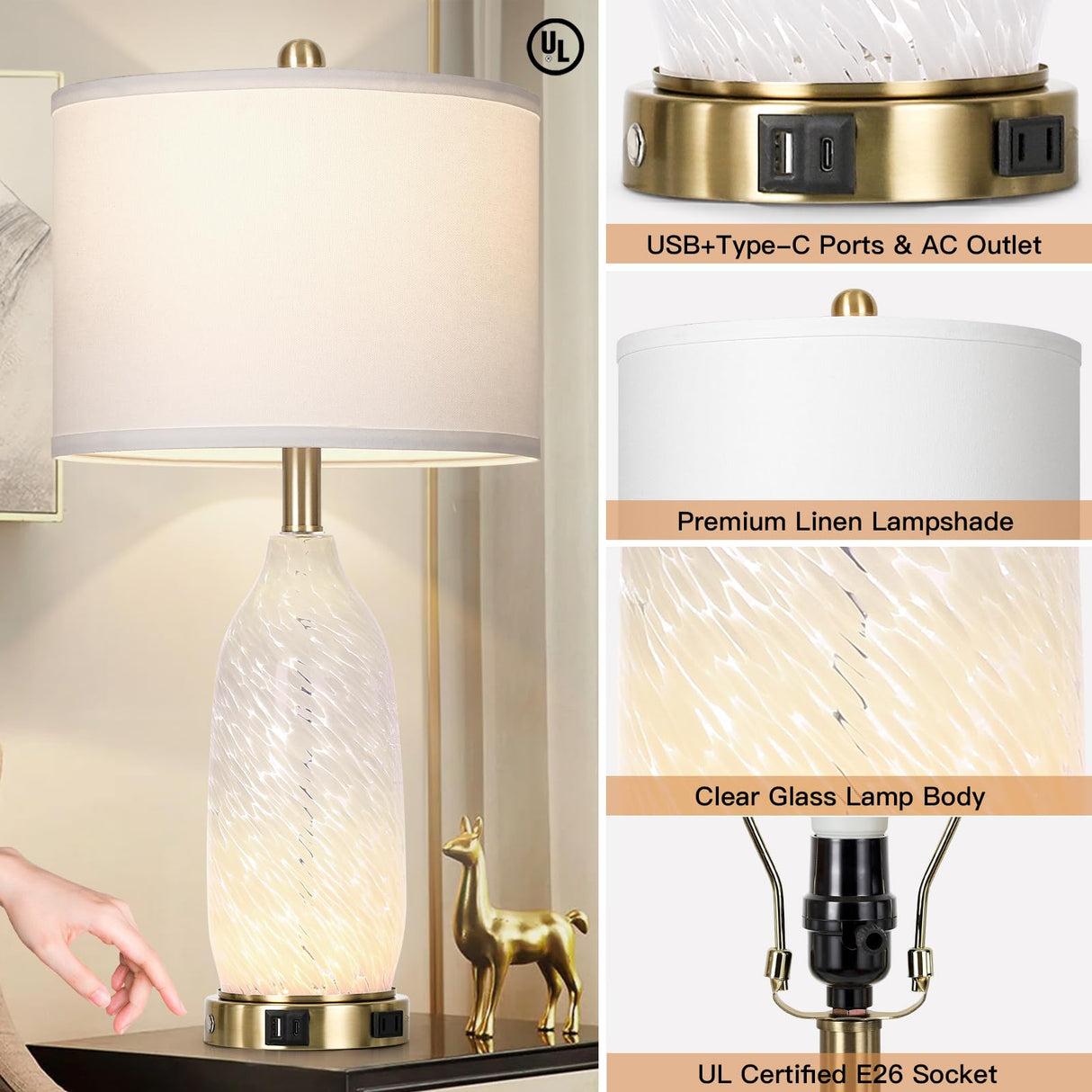 26" Modern Clear Glass Table Lamps Set of 2,Nightstand Lamp with USB A+C Ports & AC