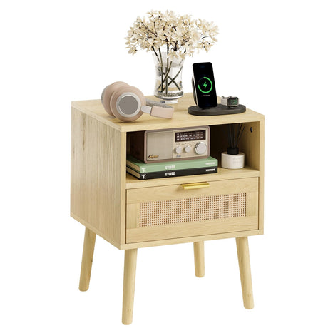 Rattan Nightstand, Boho Side Table with Drawer Open Shelf, Wood Accent Bedside End