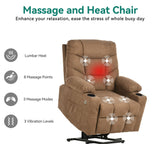 Electric Power Lift Recliner Chair for Elderly, Fabric Recliner Chair with Massage and Heat, Spacious Seat, USB Ports, Cup Holders, Side Pockets, Remote Control (Brown)