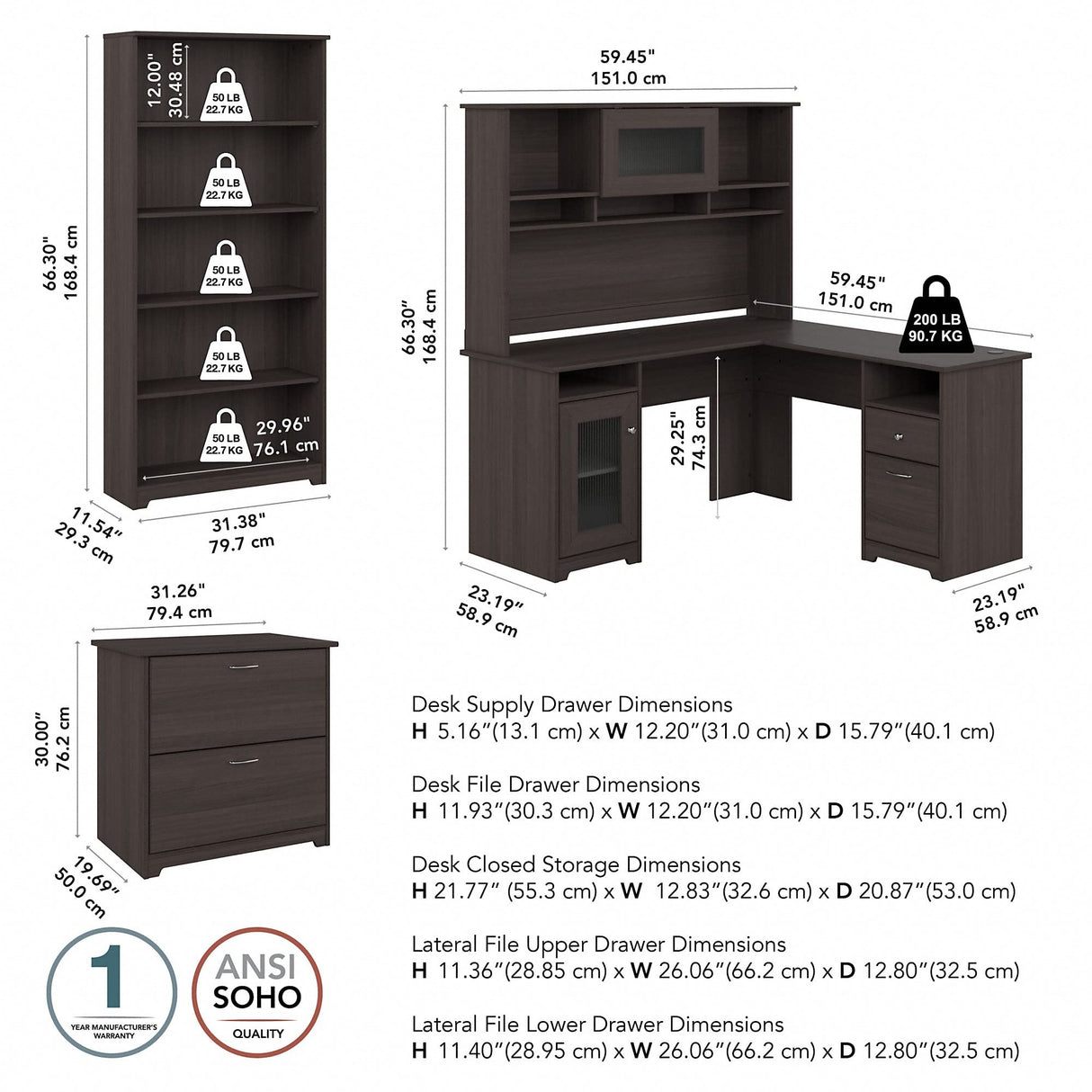 L Shaped Desk with Hutch, 5 Shelf Bookcase and Lateral File Cabinet