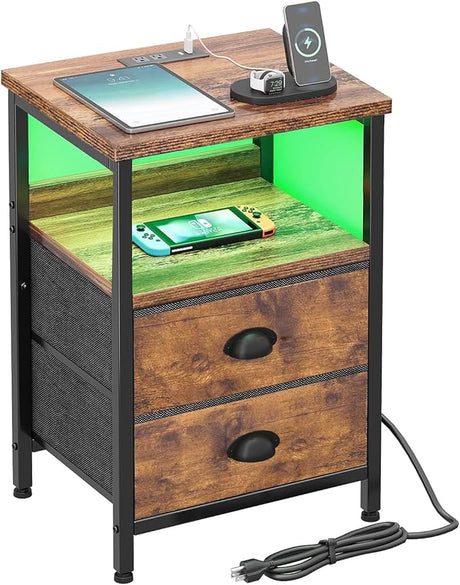 Nightstand with Charging Station,End Table with LED Light for Bedroom