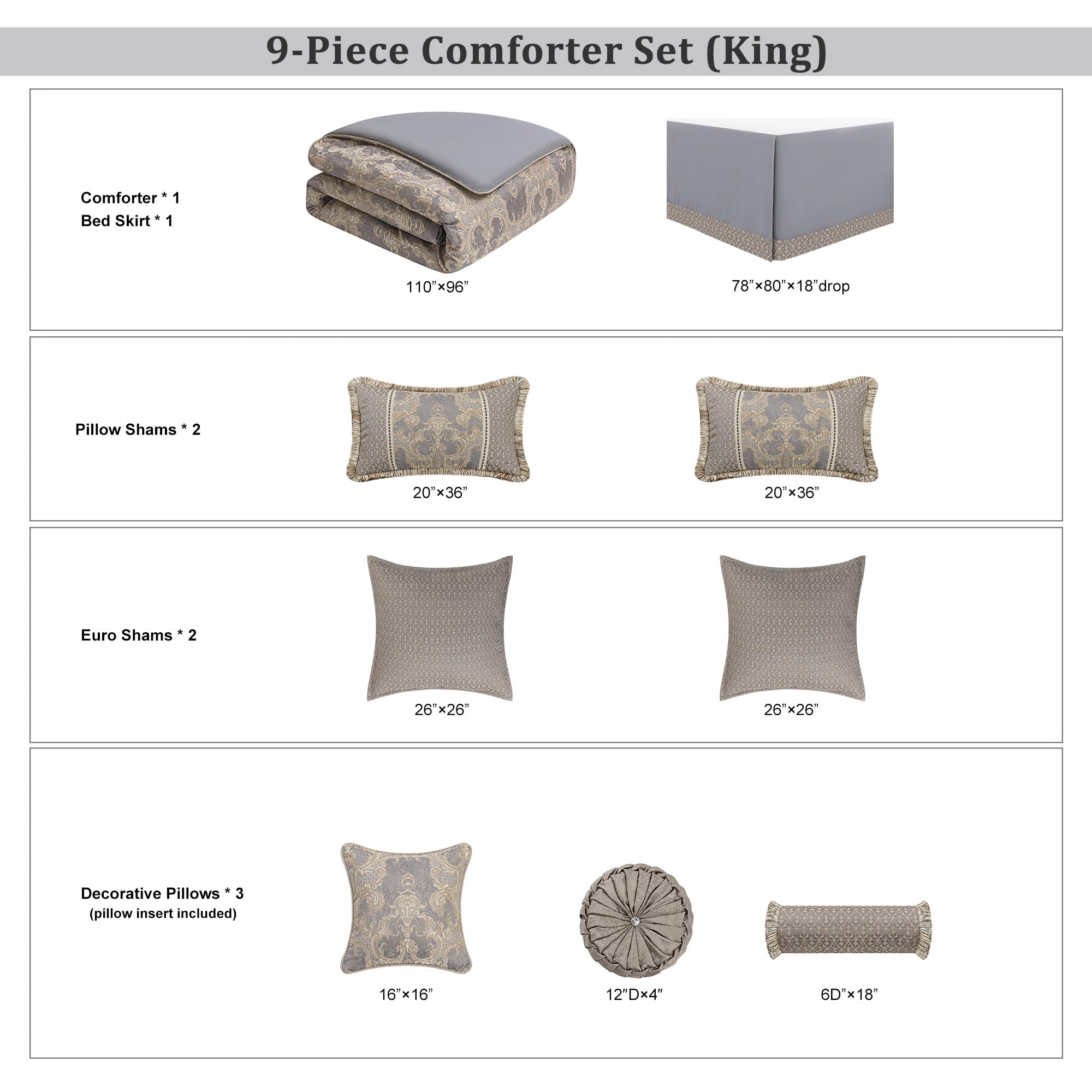 9-Piece Jacquard Comforter Set King - Royal Damask Design Luxury Bedding