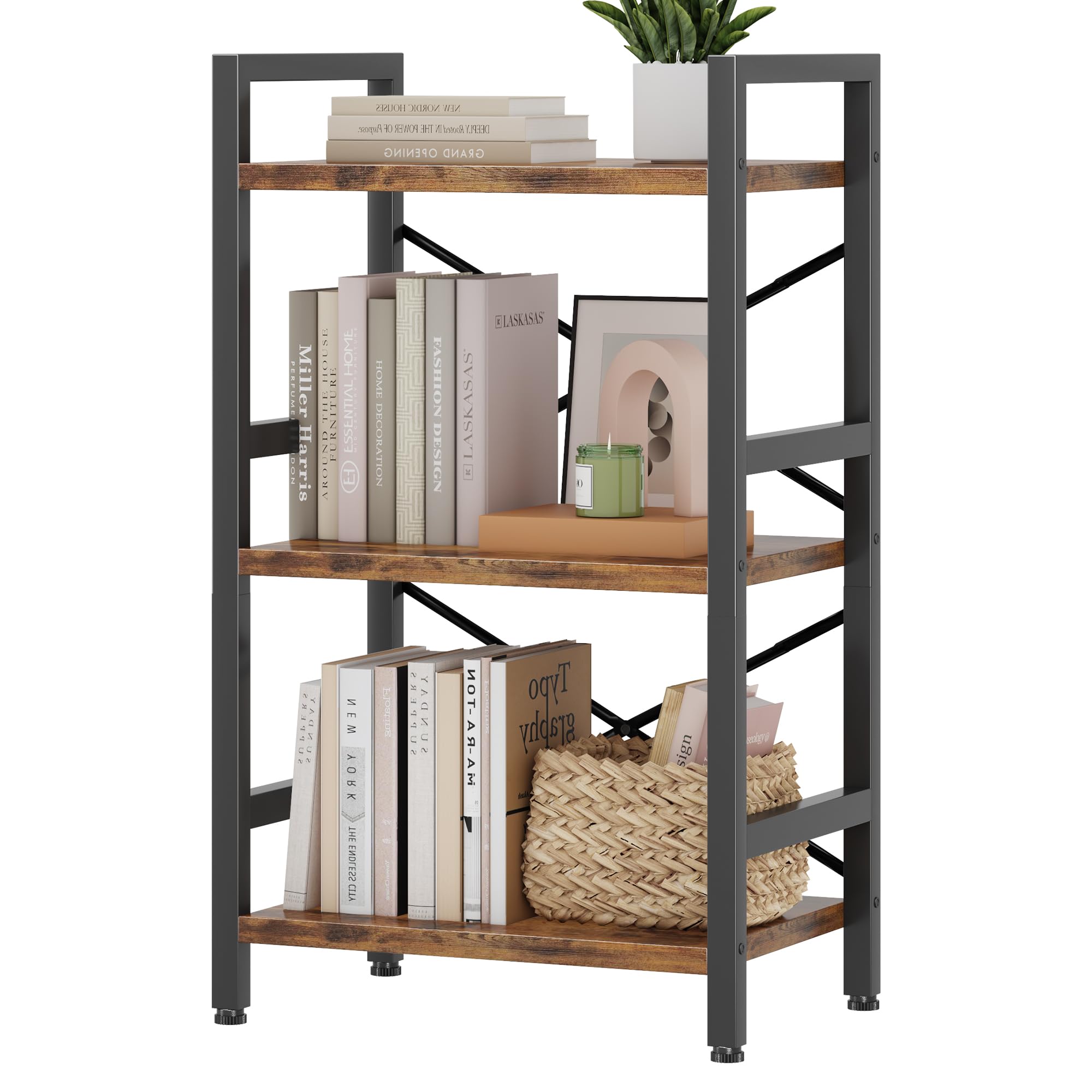 Small Bookshelf, 3 Tier Industrial Bookcase, Bookcase Shelf Storage Organizer