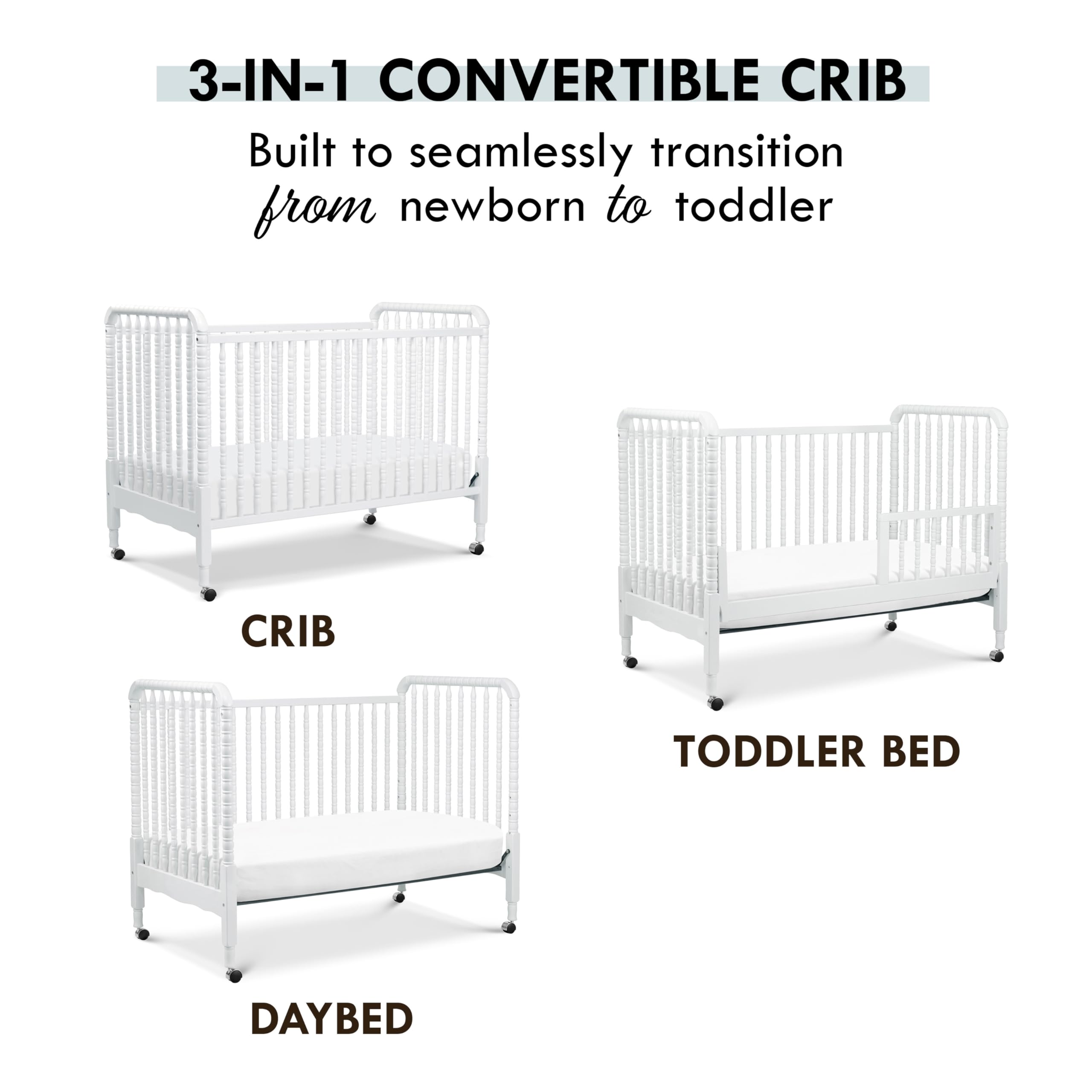3-in-1 Convertible Crib in White, Removable Wheels, Greenguard Gold