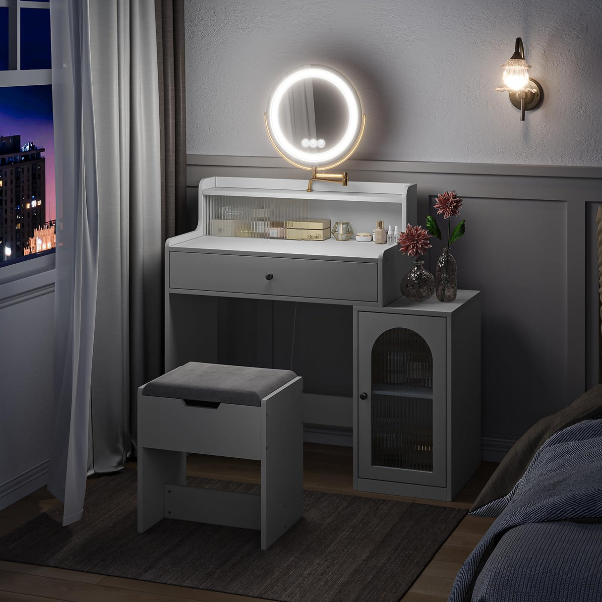 White Vanity Desk with 360° Rotated Mirror and Adjustable Lights, Makeup Vanity Table with Storage Chair and Side Cabinet, Dressing Table with Drawer for Bedroom