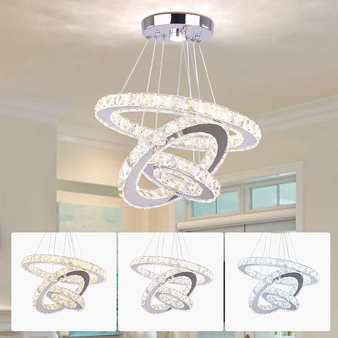 Modern Crystal Chandeliers 3 Rings Round LED Chandelier Fixtures DIY Pendant Lighting