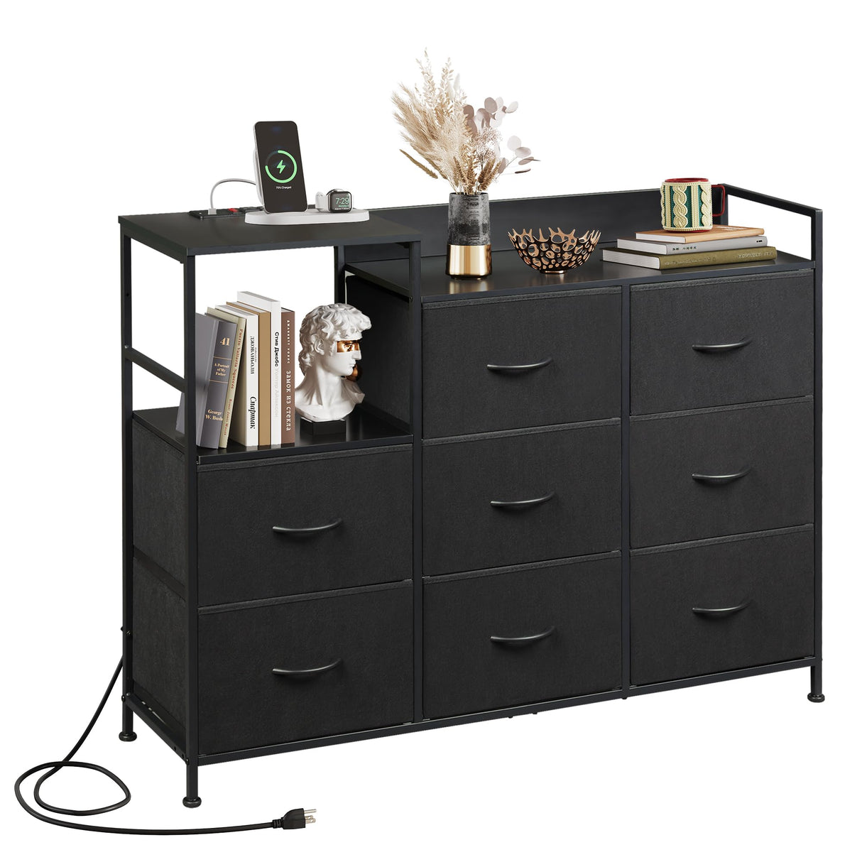 Black Dresser TV Stand for Bedroom with Charging Station, Wide Storage Chest of Drawers