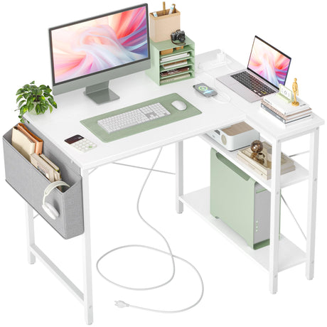 Small Computer Desk with Power Outlets, 40 Inch L Shaped Desk with Reversible Shelves