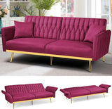 70” Velvet Futon Sofa Bed with 2 Pillows and Adjustable Armrests, Convertible Sleeper Bed