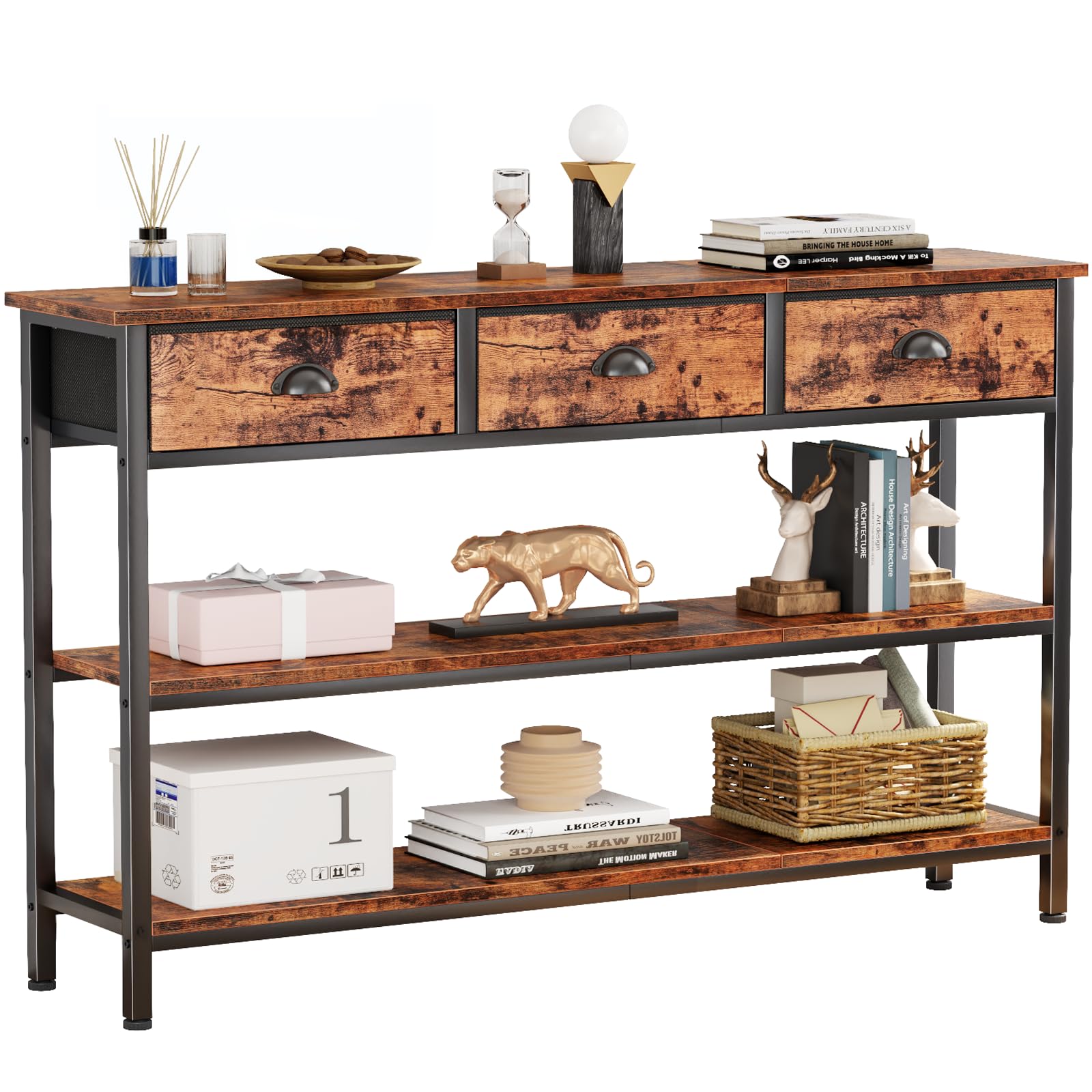 47" Console Table with 3 Drawers & Storage Shelves - Rustic Brown