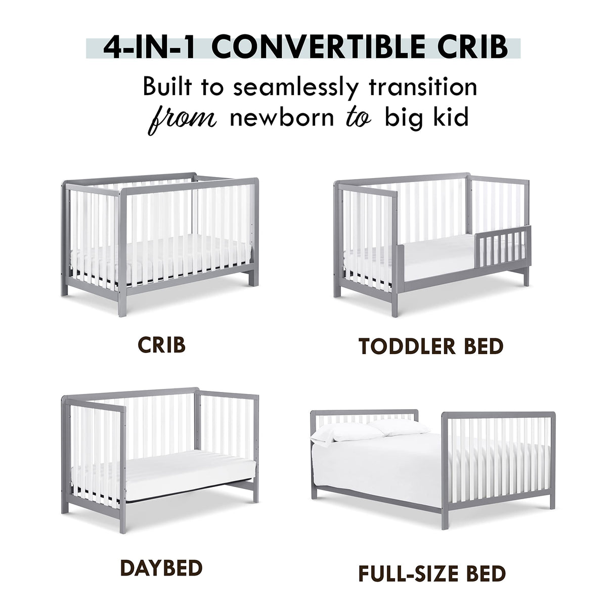 Colby 4-in-1 Low-Profile Convertible Crib in Grey and White, Greenguard Gold Certified