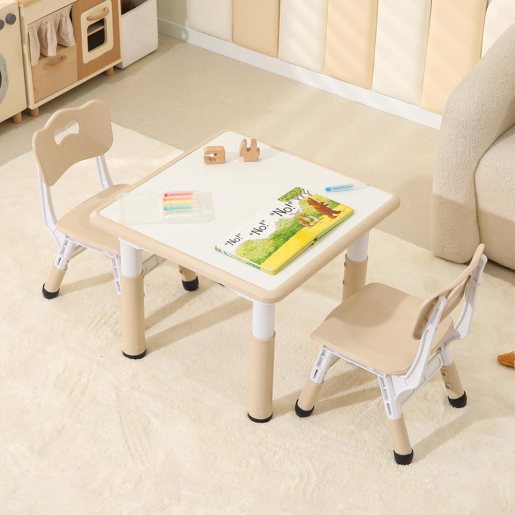 Hulaibit Kids Table and 2 Chairs Set, Height Adjustable Toddler Table and Chairs with Anti-Slip Foot Covers, Graffiti Desktop Arts & Crafts Table for Daycare, Classroom