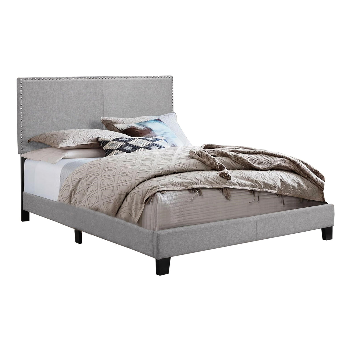 Shirin Full Size Bed, Wood, Nailhead Trim, Upholstered Headboard