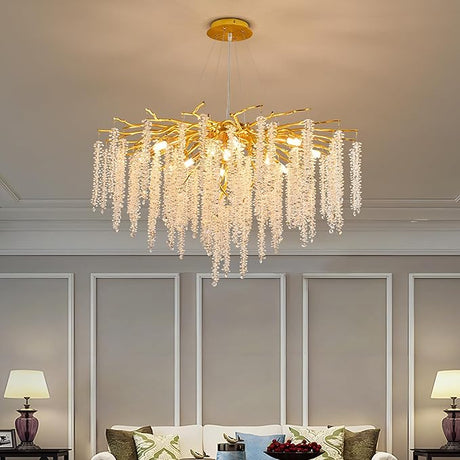 Crystal Tree Branches Chandeliers Gold Luxury Round Raindrop Pendant Light 12 Lights