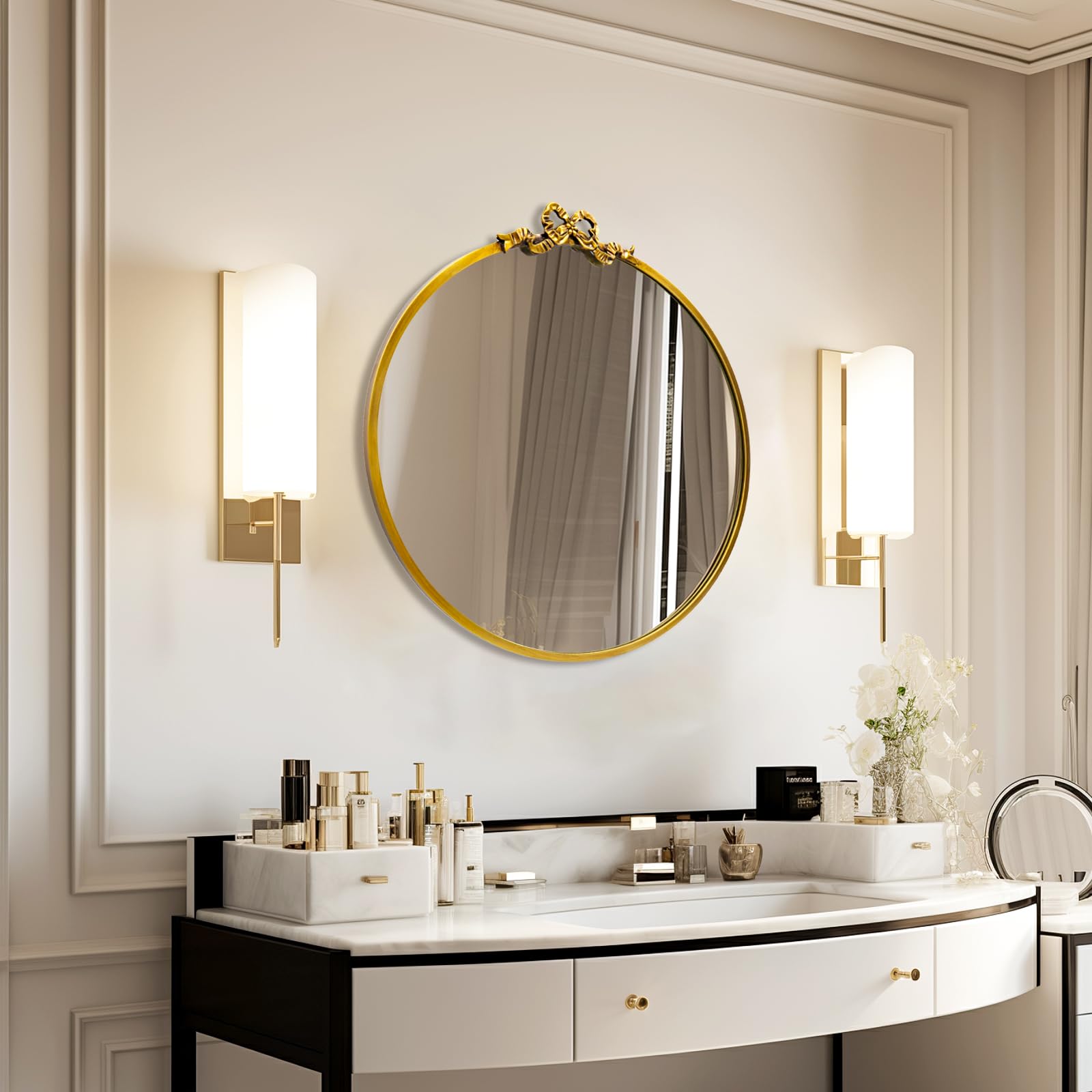Round Mirror Gold Bathroom Vanity Mirrors 27.5inch Antique Metal Ornate Circle Wall