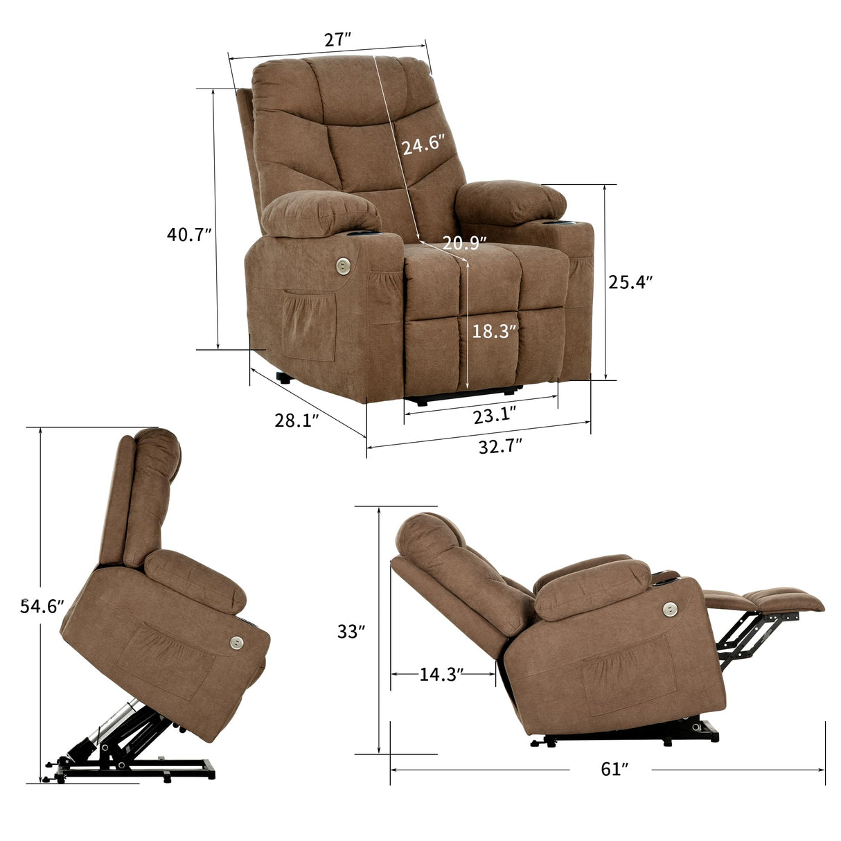 Electric Power Lift Recliner Chair for Elderly, Fabric Recliner Chair with Massage and Heat, Spacious Seat, USB Ports, Cup Holders, Side Pockets, Remote Control (Brown)