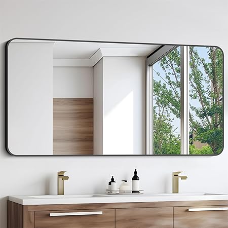 Bathroom Mirror, 30x50 inch Large Rectangle Mirror, Black Metal Framed