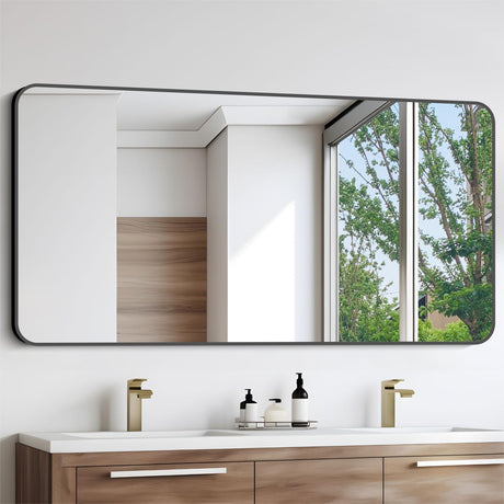 Bathroom Mirror, 30"x55" Black Rectangle Wall Mirror, Metal Frame Rounded Corner