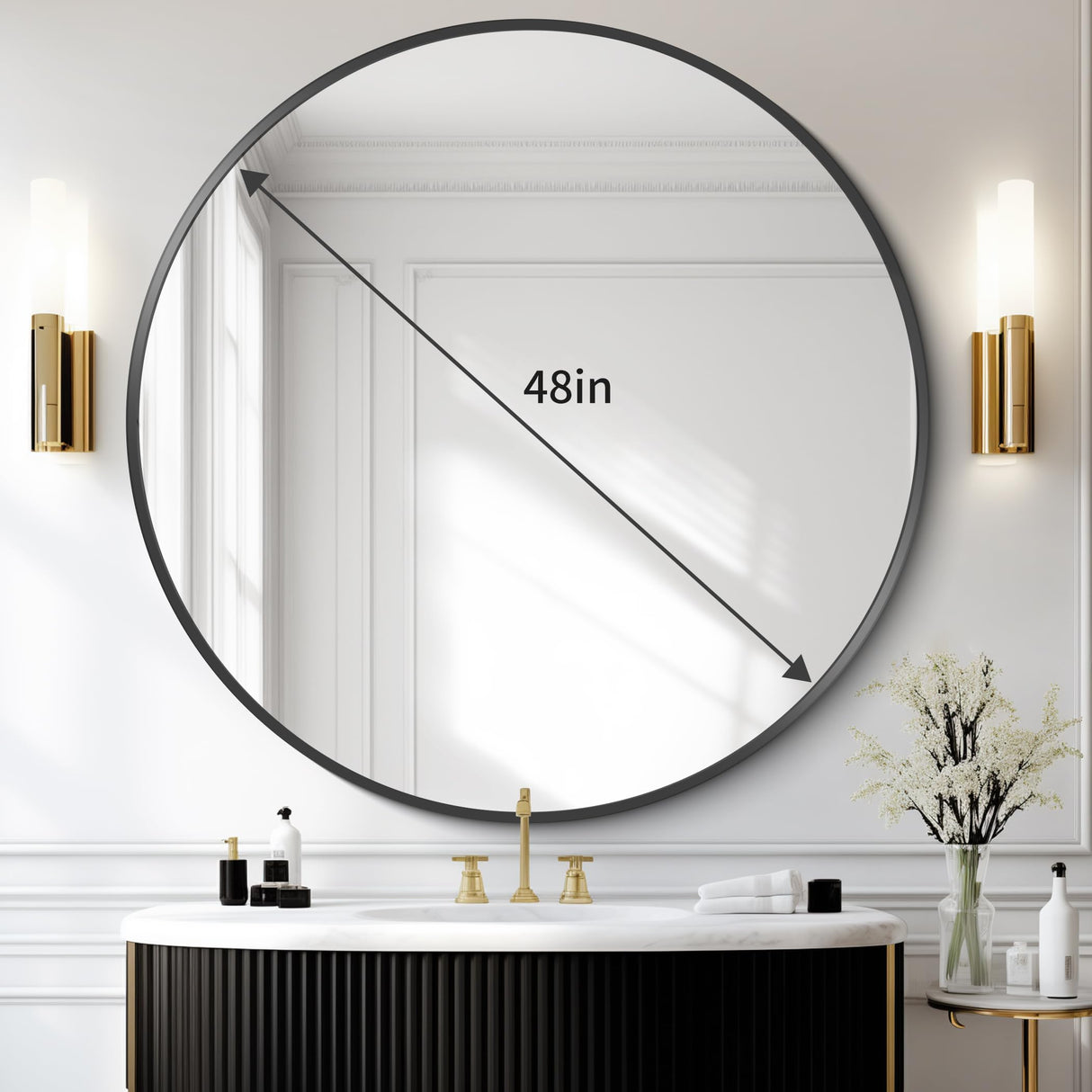 Black Round Mirror, 48 Inch Wall Mounted Round Mirror, Aluminum Alloy Metal Frame Wall Mirror, Round Bathroom Mirror, Round Mirror for Bathroom, Entryway, Living Room, Large Mirror for Over Sink