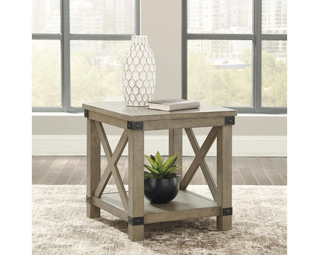 Aldwin Farmhouse Square End Table with Crossbuk Details, Light Brown