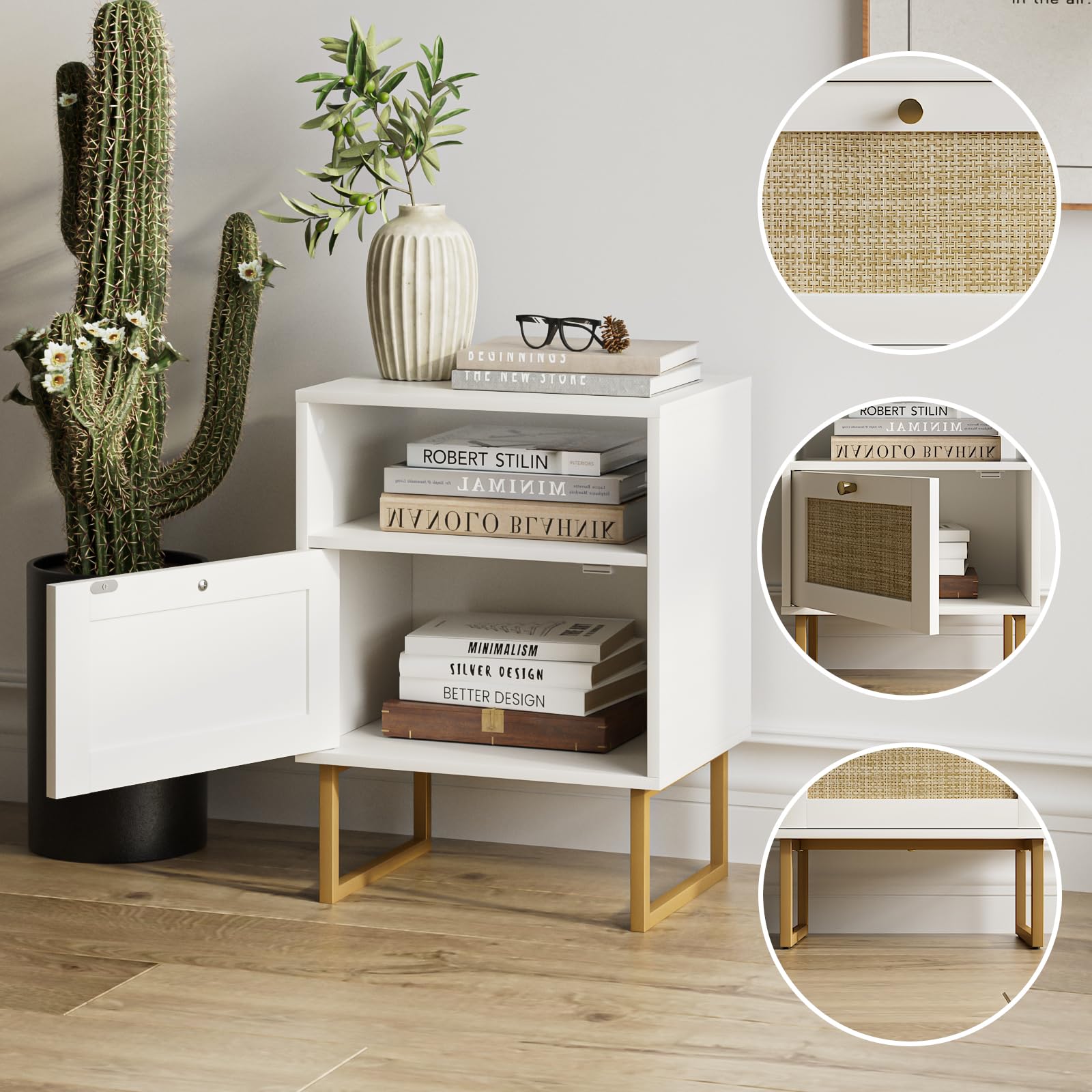 Rattan Nightstand,Modern Boho Farmhouse Wood Bedside Table