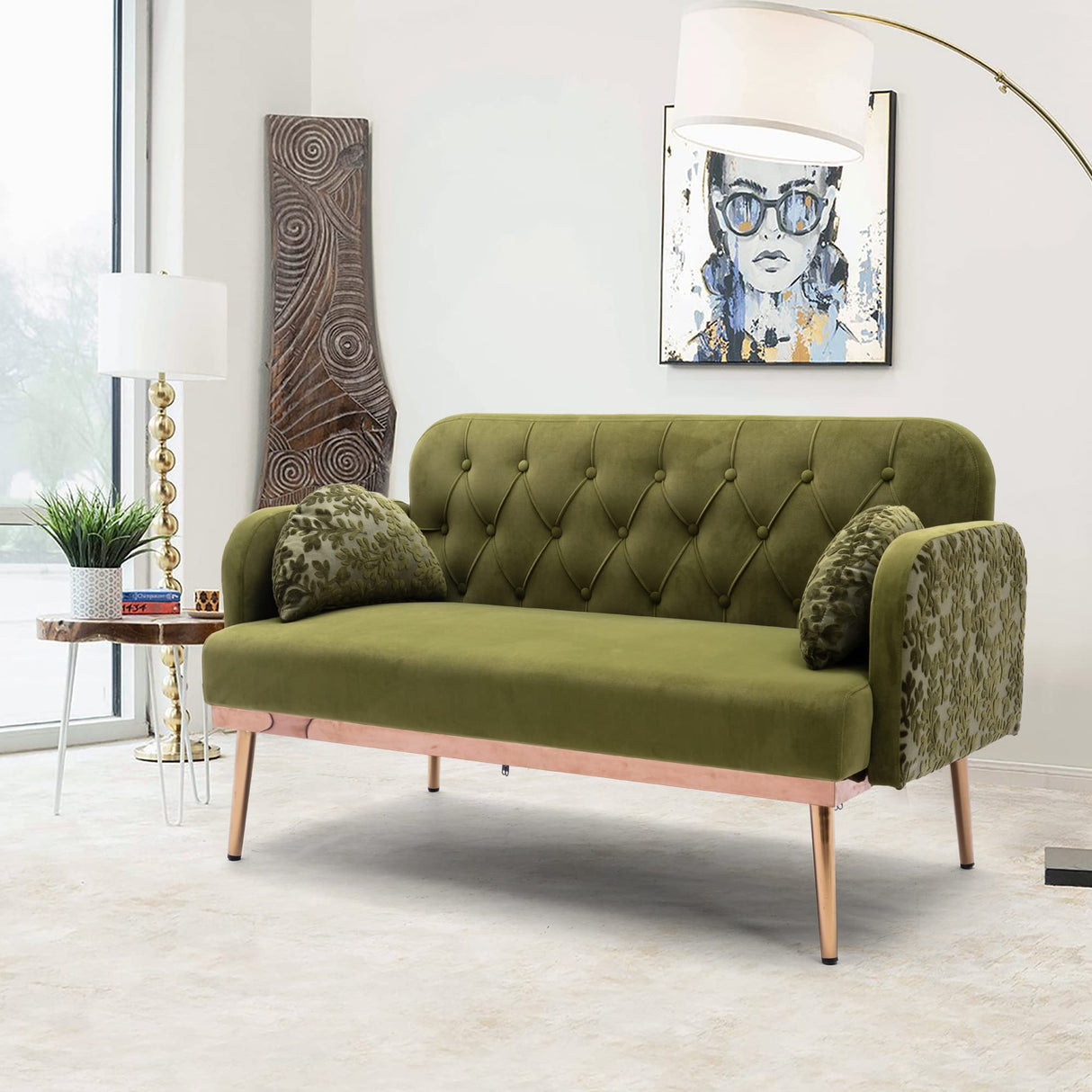 55" Small Velvet Couch with Elegant Moon Shape Pillows