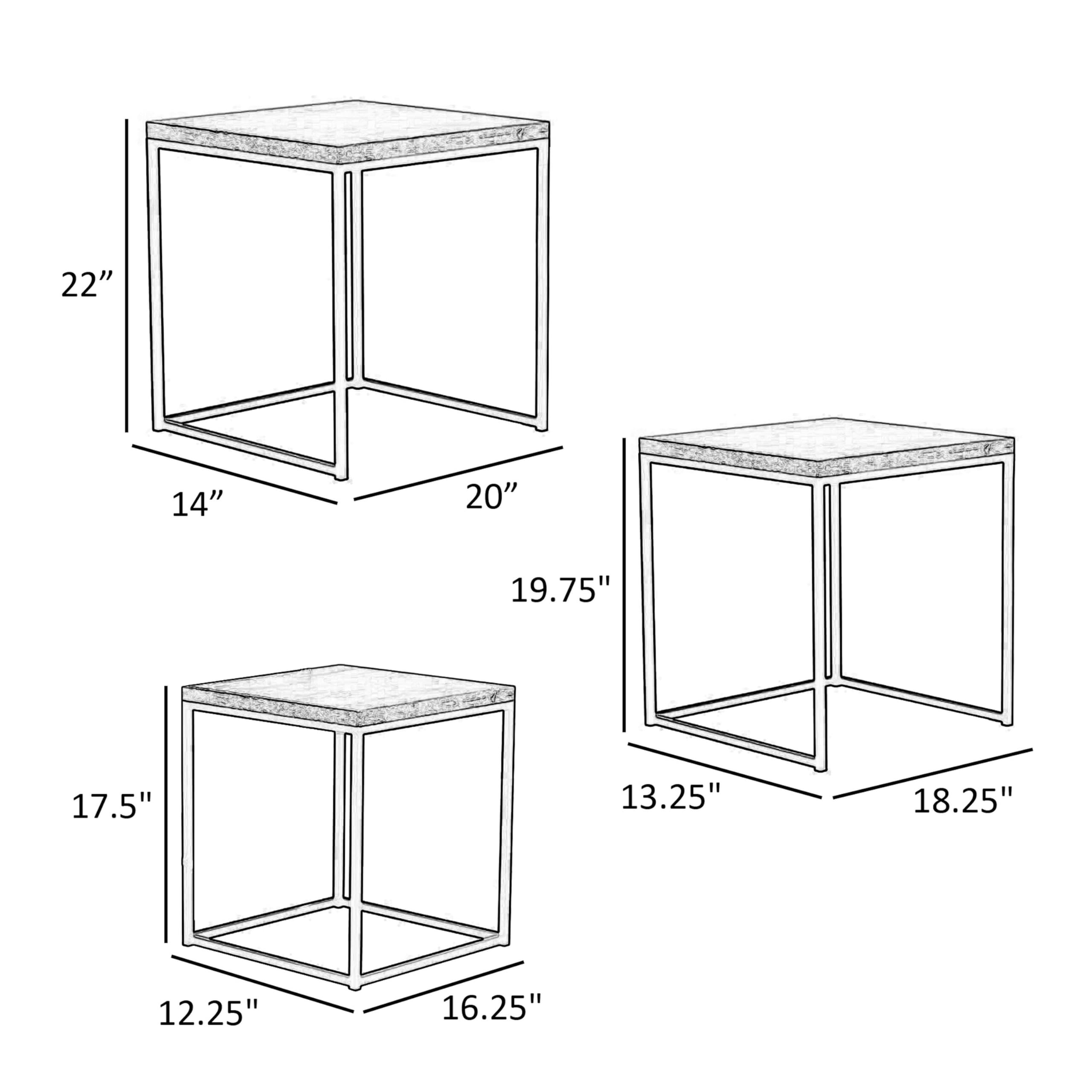 Benjara Agi 3 Piece Nesting Side Table Set, Square Marble, Metal Frame, Green and Gold