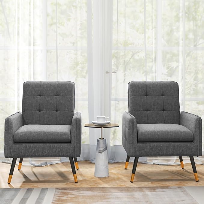 Modern Mid-Century Accent Chair - Upholstered Armchair with Tufted Back, Metal Legs