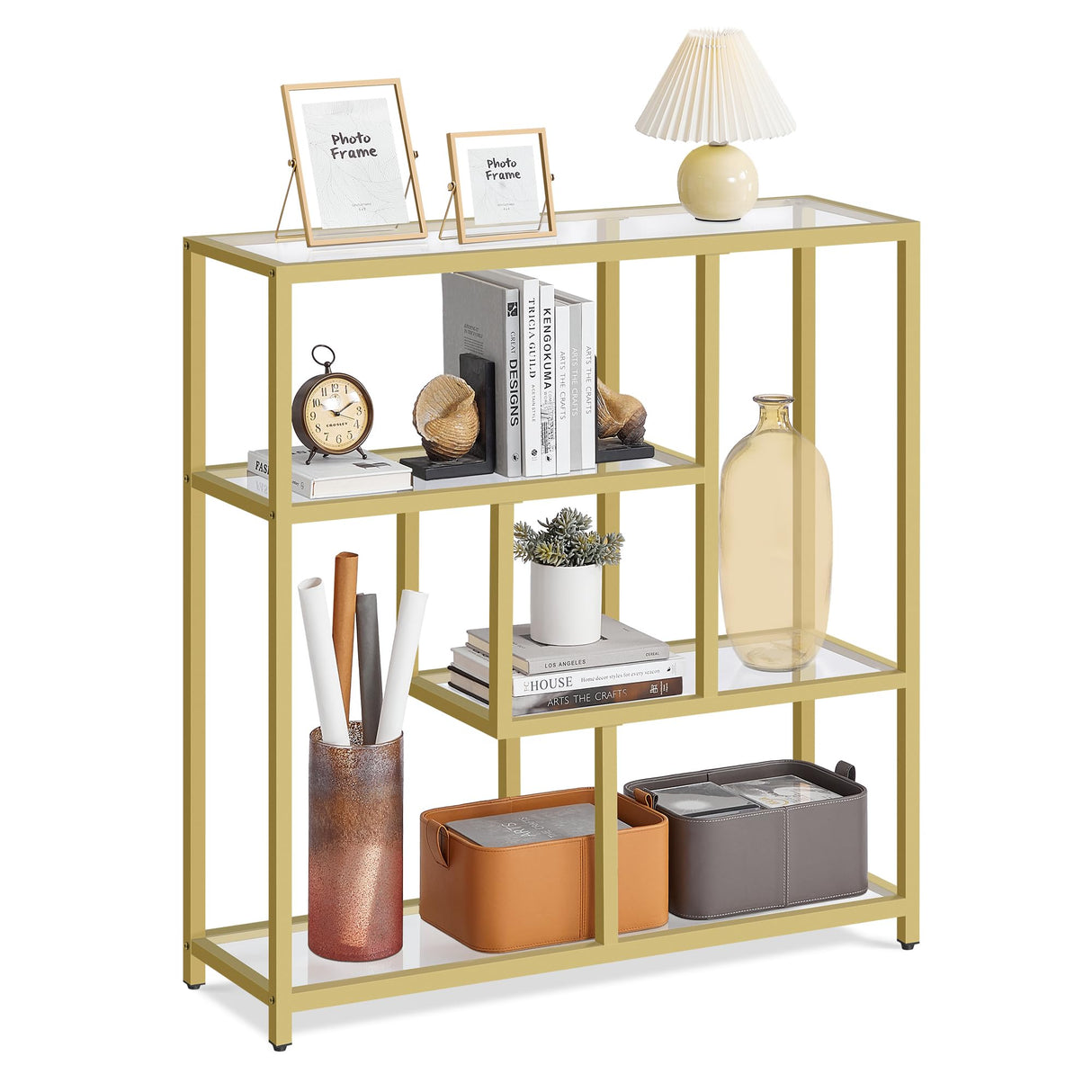 Bookcase, 4-Tier Bookshelf, Freestanding Shelf, 11.8 x 39.4 x 40.6 Inches, Storage Shelf, for Living Room, Office, Bedroom, Kitchen, Transparent and Pale Gold ULGT509A01