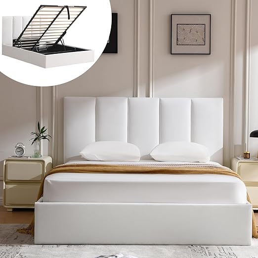 Queen Bed Frame with Storage, Beige, Lift Up Mechanism, Soft Upholstered, Headboard,