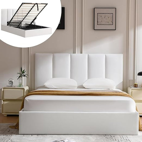 Queen Bed Frame with Storage, Beige, Lift Up Mechanism, Soft Upholstered, Headboard,