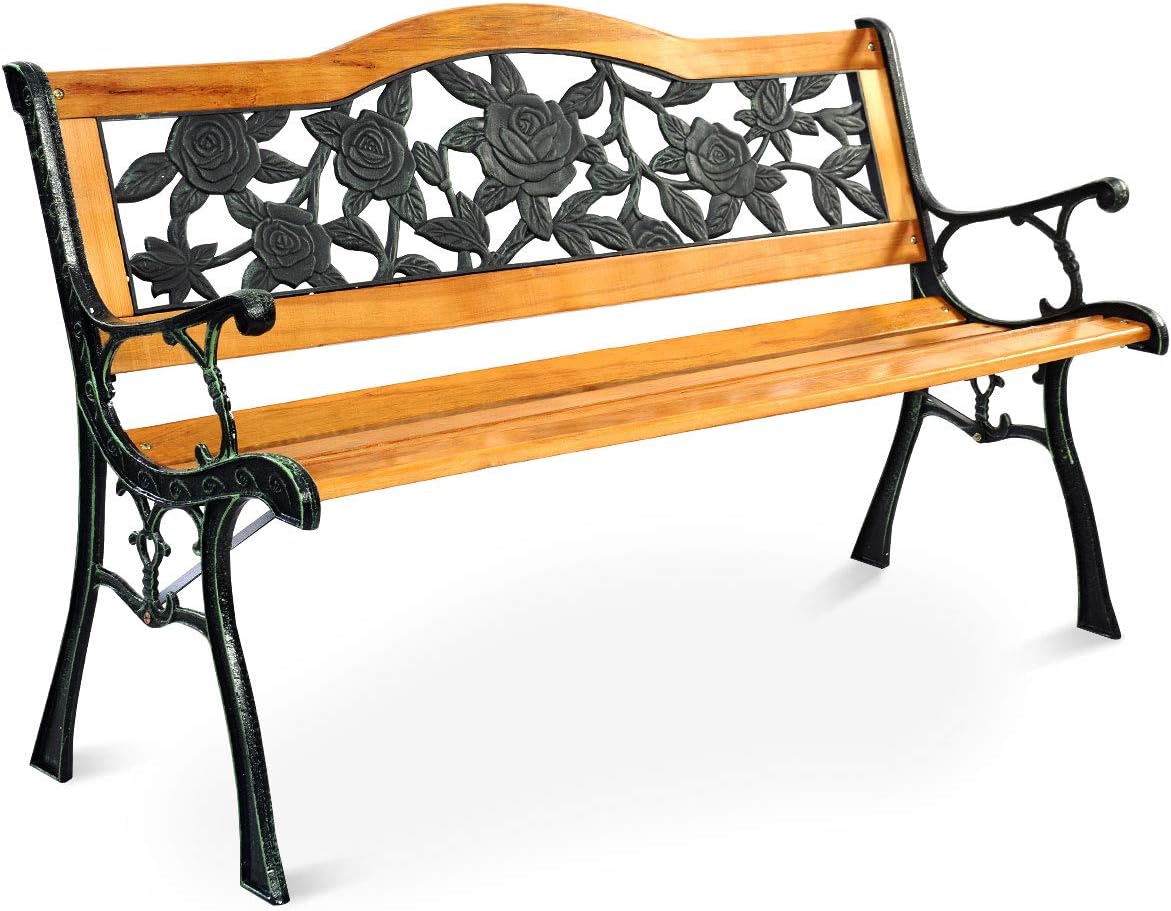 Outdoor Garden Bench, Patio Bench with Large Rose Cast Backrest & Comfort Wood Seat
