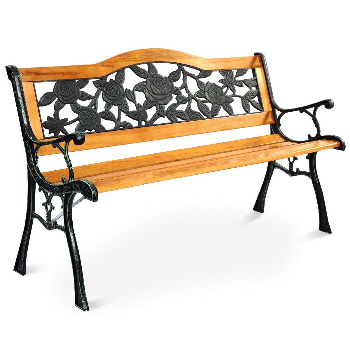 Outdoor Garden Bench, Patio Bench with Large Rose Cast Backrest & Comfort Wood Seat