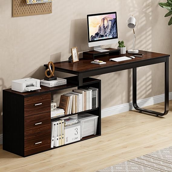 Desk with 3 Drawers, Home Office Computer Desk with Storage Shelfs