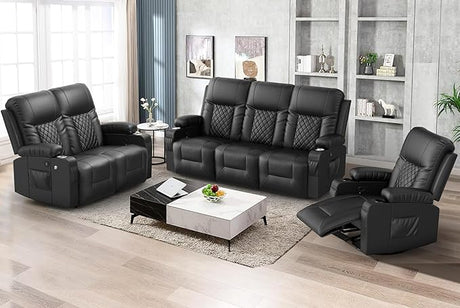 Loveseat Recliner Sofa, 2 Seater Reclining Loveseat Sofa, PU Leather Recliner Loveseat Couch, Modern Recliner Chair for Living Room, with Cup Holder and 2 Cell Phone Holder, USB Ports, Black