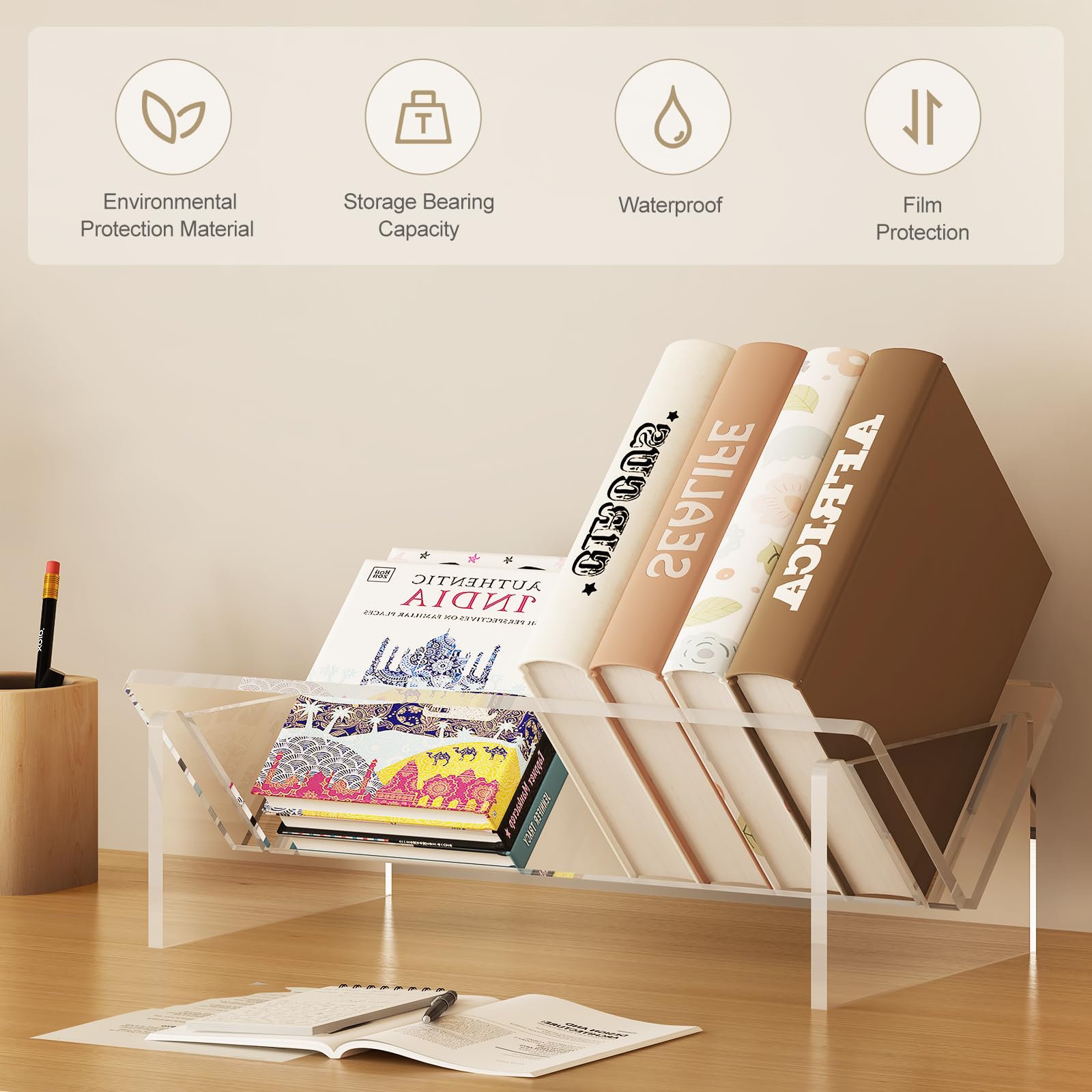 Acrylic Small Bookcase,Kids Bookshelf Tabletop Book Holder Cookbook Storage Rack,Transparent Mini Desktop Book Shelf Organizer for Small Space Office Home