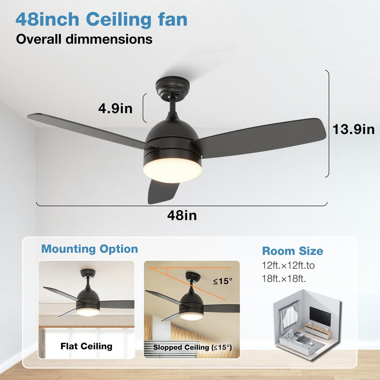 Ceiling Fans with Lights and Remote Control, Dimmable, 48-Inch, Black, Silent Motor, 3