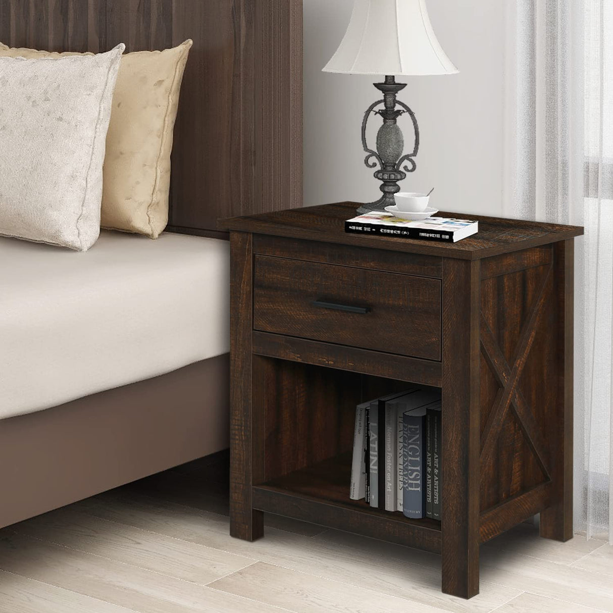 Farmhouse Nightstand - Wooden Bedroom Night Stand