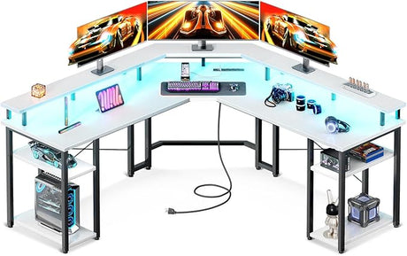 Shaped Gaming Desk with LED Lights & Power Outlets, Reversible 56" Computer Desk