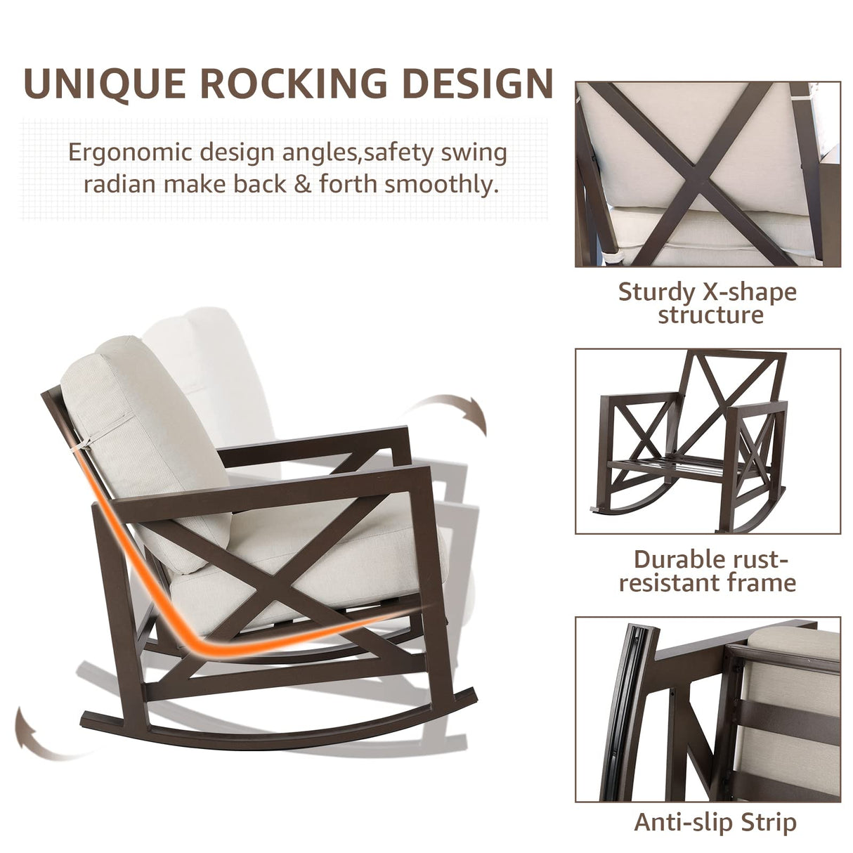 NATURAL EXPRESSIONS Rocking Bistro Set, 3 Piece Outdoor Patio Conversation Furniture Set with 2 Rockers and 1 Metal Coffee Table with Thick Cushions for Backyard,Porch,Poolside,300lbs