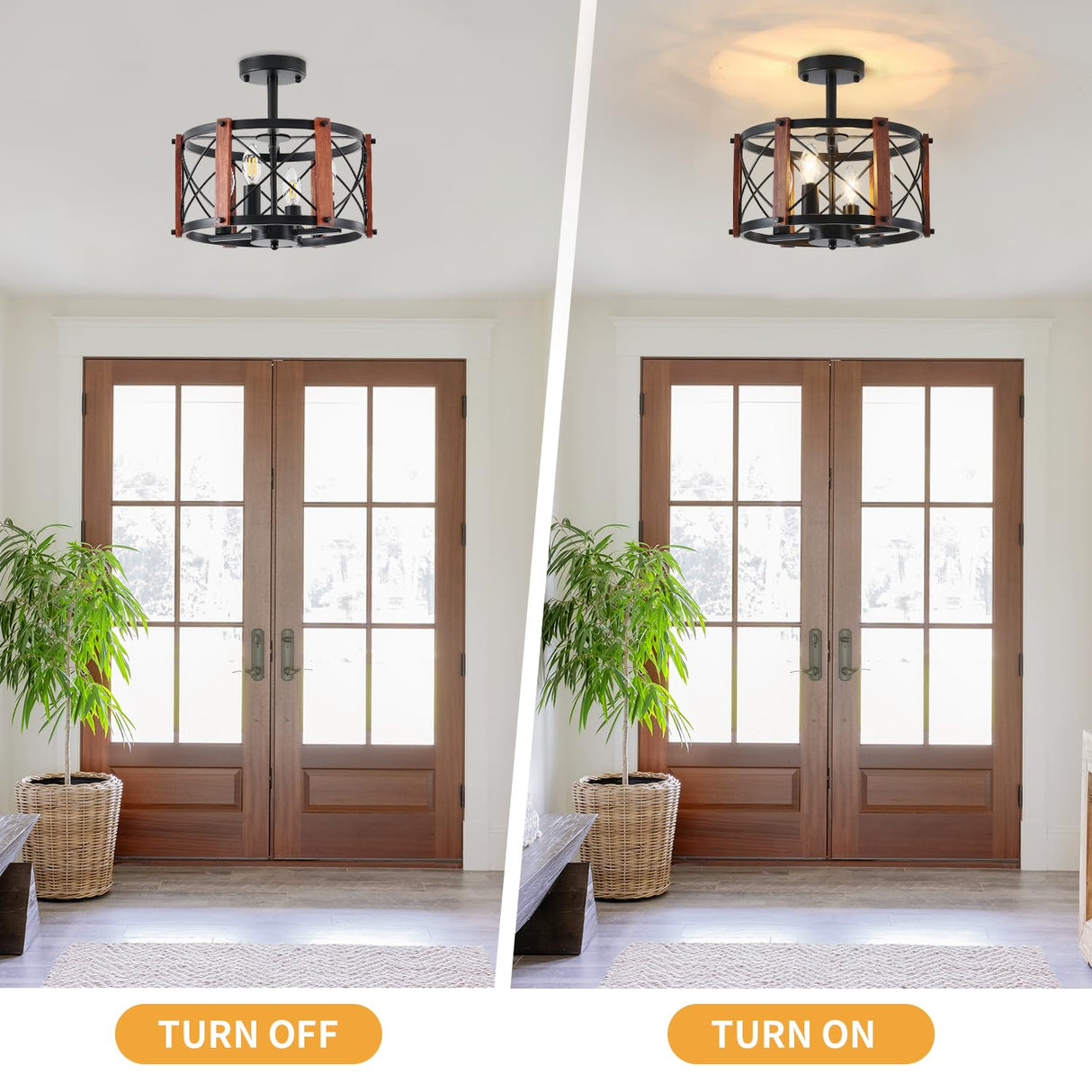 4-Light Farmhouse Wood Semi Flush Mount Ceiling Light