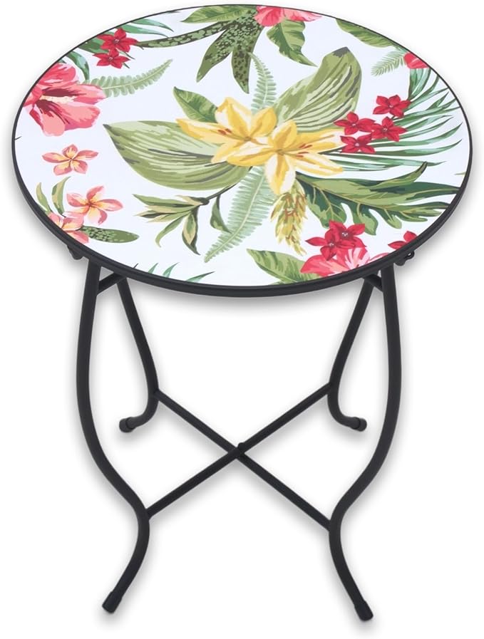 Theme Pattern Small 14 Inches Outdoor Side Table, Metal Frame for Patio, Indoor End Table