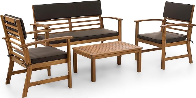 Trogon Farmhouse Acacia Wood 4-Piece Patio Set, Rectangle Table