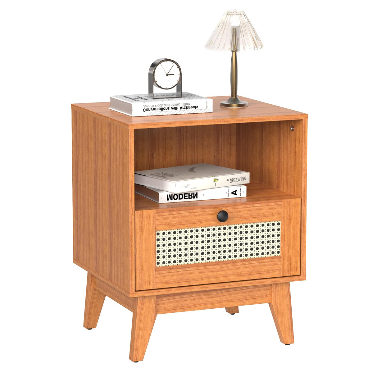 Rattan Nightstand with Drawer and Open Shelf, Boho Side Table and Mid Century Modern End Table with Solid Wood